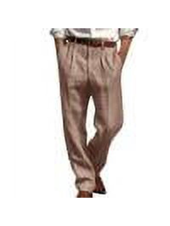 Men's Casual Daily Loose Linen Double Pleated Front Pocket Straight Trousers Breathable Comfortable Solid Cotton Jogger Trousers Khaki M