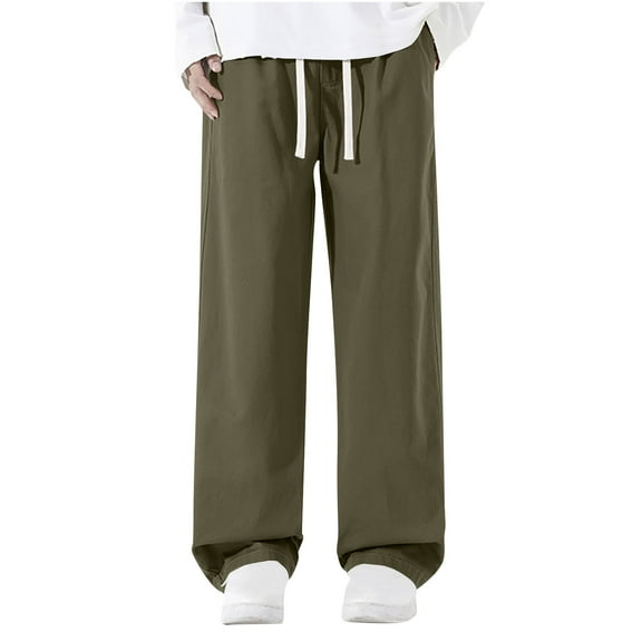 USNSM Men's Casual Fashion Cotton Pants Loose Fit Elastic Waist Drawstring Twill Pants Straight Leg Chino Pants Tapered Trouser Green* S