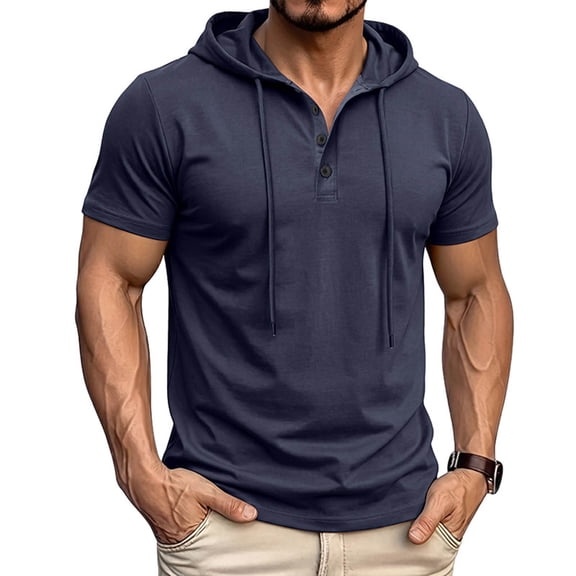 USNSM Men's Casual Fashion Short Sleeve Hoodie Pullover with Buttons and Drawstring Soft Muscle Fit Athletic Workout Top Blue XL