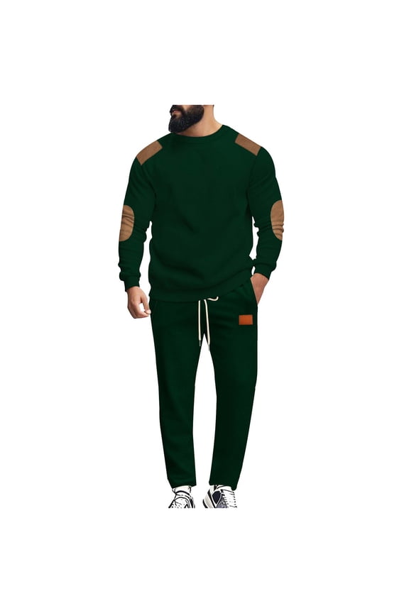 USNSM Men's Casual Fashion Sports Long Sleeve Round Neck Sweatshirt with Elbow Patches Drawstring Elastic Waist Pants Simple Sets Green XXXL