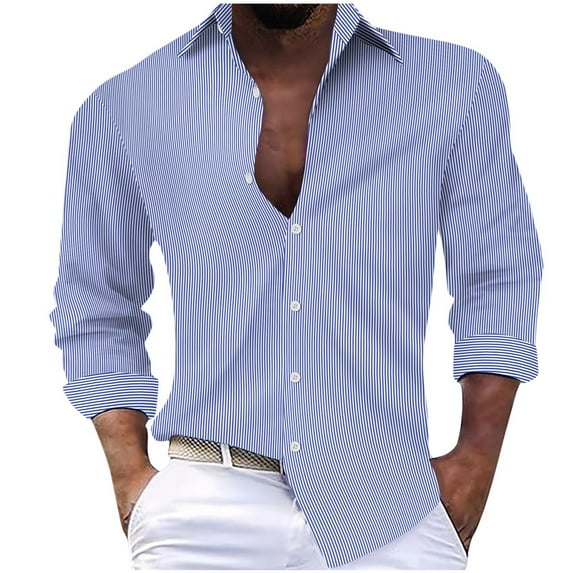 USNSM Men's Casual Fashion Stripe Lapel Button Long Sleeve Shirt Blouse Cuff Dress Shirt Slim Fit Formal Business Button Down Shirts Blue S
