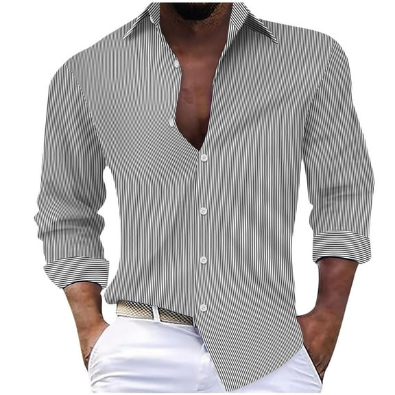 USNSM Men's Casual Fashion Stripe Lapel Button Long Sleeve Shirt Blouse Cuff Dress Shirt Slim Fit Formal Business Button Down Shirts Gray XL