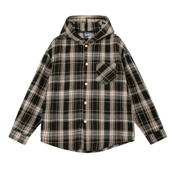 USNSM Men's Casual Fashion Striped Plaid Long Sleeve Hooded Button Pocket Shirts with Pocket Plaid Jacket Hooded Top Black M