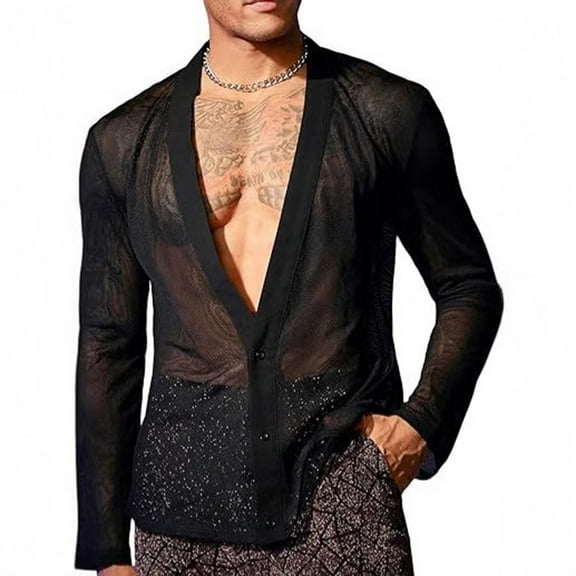 USNSM Men's Casual Fashion Transparent Mesh Cardigan Top Solid Color Long Sleeve Deep V Neck Button Front Party Shirt Tops Black S