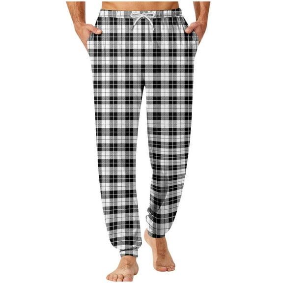 USNSM Men's Casual Pants Checkered Printed Elastic Waistband Drawstring Pocket Bundle Leg Foot Home Sleeping Pants White S
