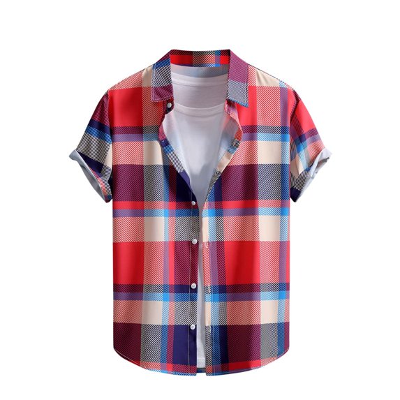 USNSM Men's Casual Plaid Print Turndown Collar Short Sleeve Buttons Shirt Quick Dry Lightweight Summer Beach Vacation Tops Red L