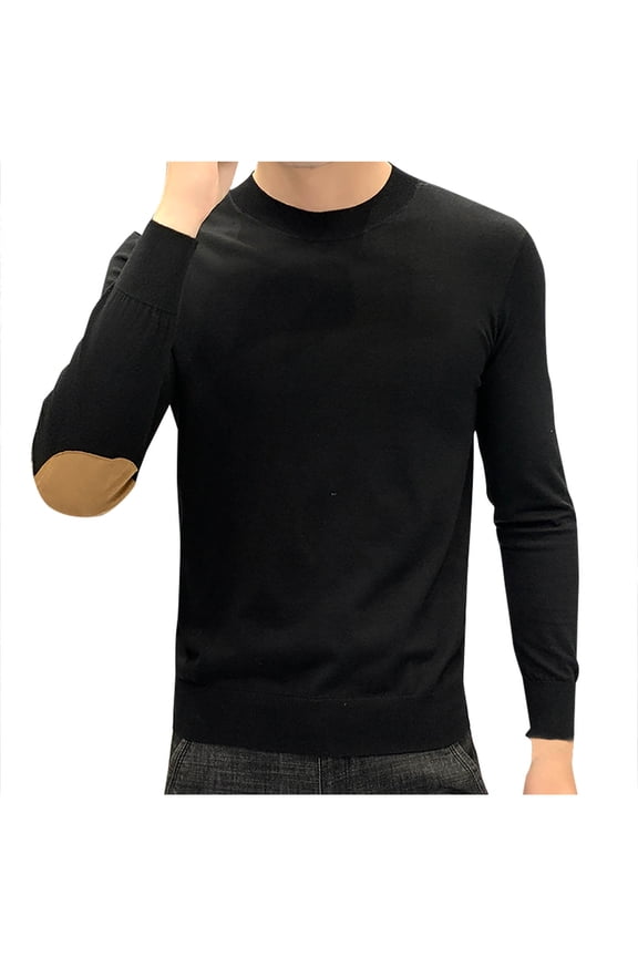 Men's Casual Plus Size Slim Fit Elbow Patches Knitted Sweater Fashion Versatile Base Shirt Round Neck Long Sleeve Pullover Knitwear Black M