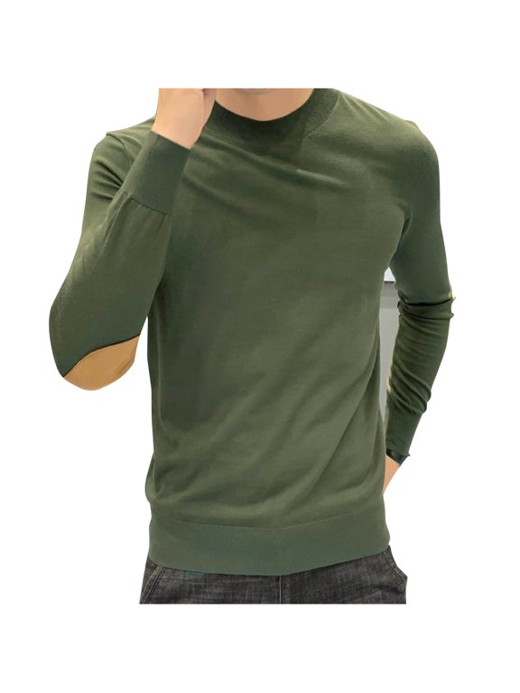 Men's Casual Plus Size Slim Fit Elbow Patches Knitted Sweater Fashion Versatile Base Shirt Round Neck Long Sleeve Pullover Knitwear Green M
