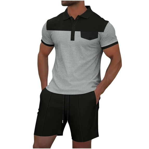 USNSM Men's Casual Pocket Solid Color Button Down Lapel Short Sleeve Top Elastic Waist Shorts Short Sleeve Summer Outdoor Sports Suit Gray L