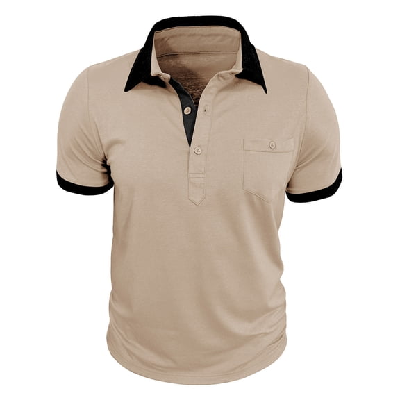 USNSM Men's Casual Shirt with Pocket Contrast Color Short Sleeve Business Work Shirts Fashion Spring Summer Tees Top Shirts Beige L