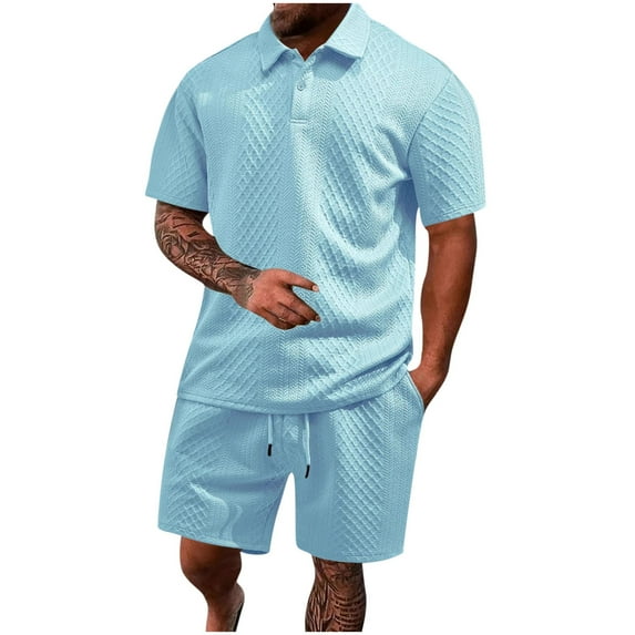 USNSM Men's Casual Short Sleeve Shorts Elastic Waist Drawstring Lapel Solid Color Suit Summer Soft Breathable Sports Sets Blue L