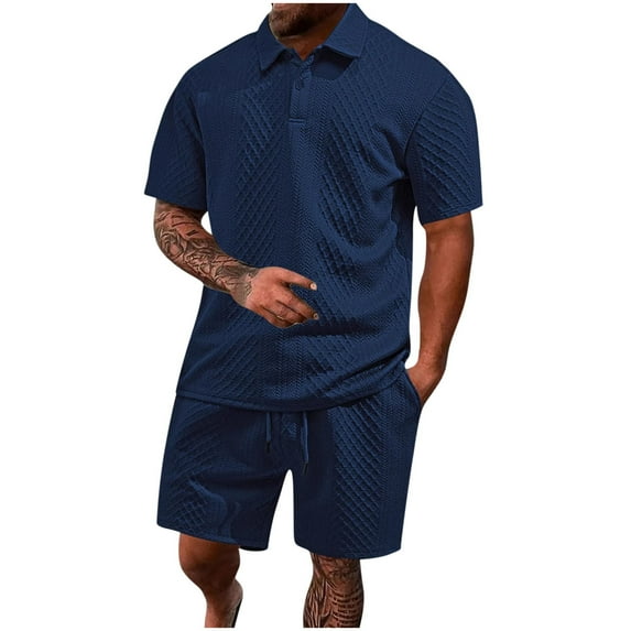 USNSM Men's Casual Short Sleeve Shorts Elastic Waist Drawstring Lapel Solid Color Suit Summer Soft Breathable Sports Sets Blue XL
