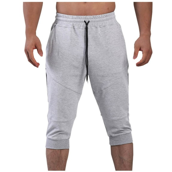USNSM Men's Casual Shorts 3/4 Jogger Capri Cotton Stretch Quick Dry Running Training Shorts Sweatpants with Pocket Drawstring Gray S