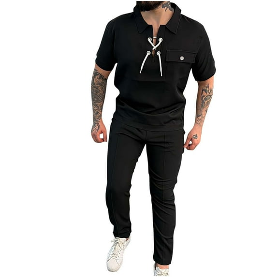 USNSM Men's Casual Solid Color Pocket Drawstring Short Sleeve Lapel Short Sleeve Top Long Pants Loose Comfort Breathable Outdoor Sports Set Black M