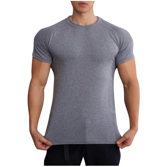 USNSM Men's Casual Summer Shirt Short Sleeved Solid Color Quick Dry Lightweight Breathable Round Neck Fitness Blouses Shirts Gray L