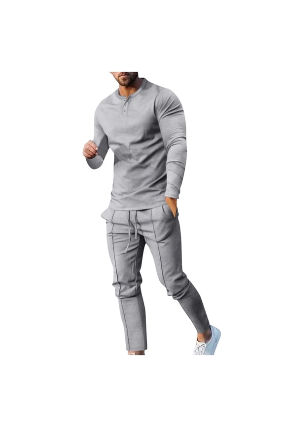 Men's Casual Workout Henley-Shirt & Joggers 2 PC Sets Crew Neck 3 Buttons Long Sleeve Pullover Shirt & Drawstring Elastic Waist Long Pants Tracksuit Athletic Suit Gray 3XL