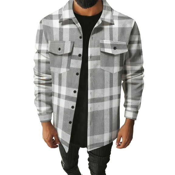 USNSM Men's Classic Flannel Shirts Brushed Fleece Flannel Shirts Jacket Button Down Soft Casual Plaid Fall Shirt with Pockets Gray L