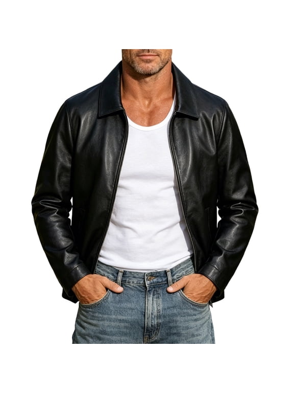 Men's Classic Lapel Leather Jacket With Full Zipper Slim Solid Black Casual Coat Vintage Versatile Mens Leather Jacket Outerwear Black M