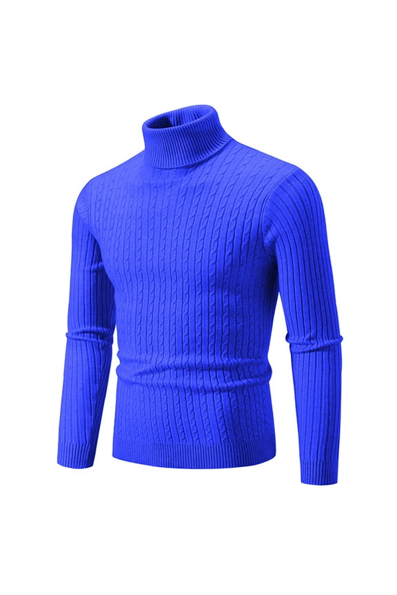 Men's Classic Plus Size Stretchy Slim Fit Cable Knit Pullover Sweater Casual Thermal Base Layer Shirt Turtleneck Long Sleeve Jumper Blue 5XL