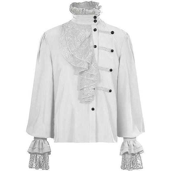 USNSM Men's Classical Gothic Shirt Retro Medieval Solid Color Trumpet Sleeve Dress Shirt Stand Collar Irregular Button up Long Sleeve Tops White L