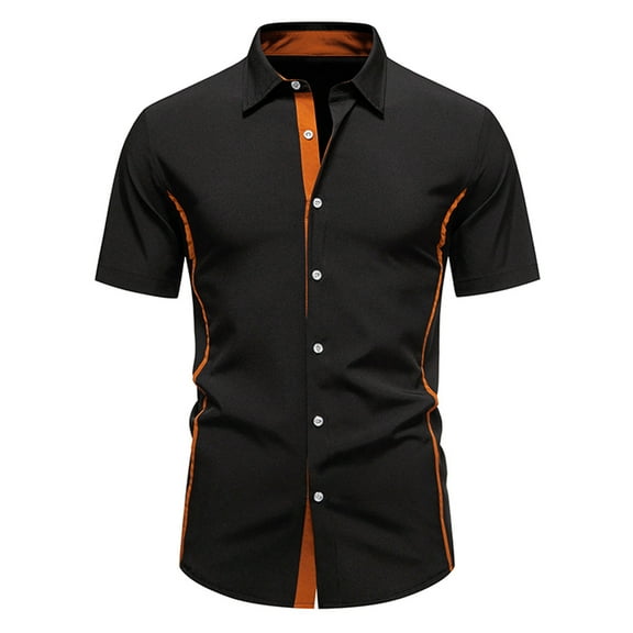 USNSM Men's Color Block Lapel Shirts Short Sleeve Button Down Shirt Blouse Summer Outdoor Business Casual Blouse Shirt Black XL