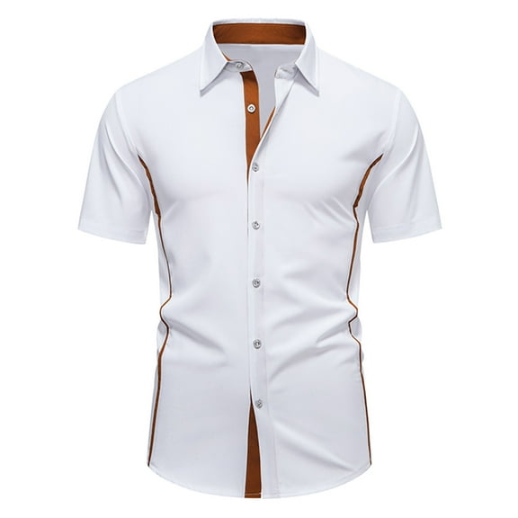 USNSM Men's Color Block Lapel Shirts Short Sleeve Button Down Shirt Blouse Summer Outdoor Business Casual Blouse Shirt White XXL