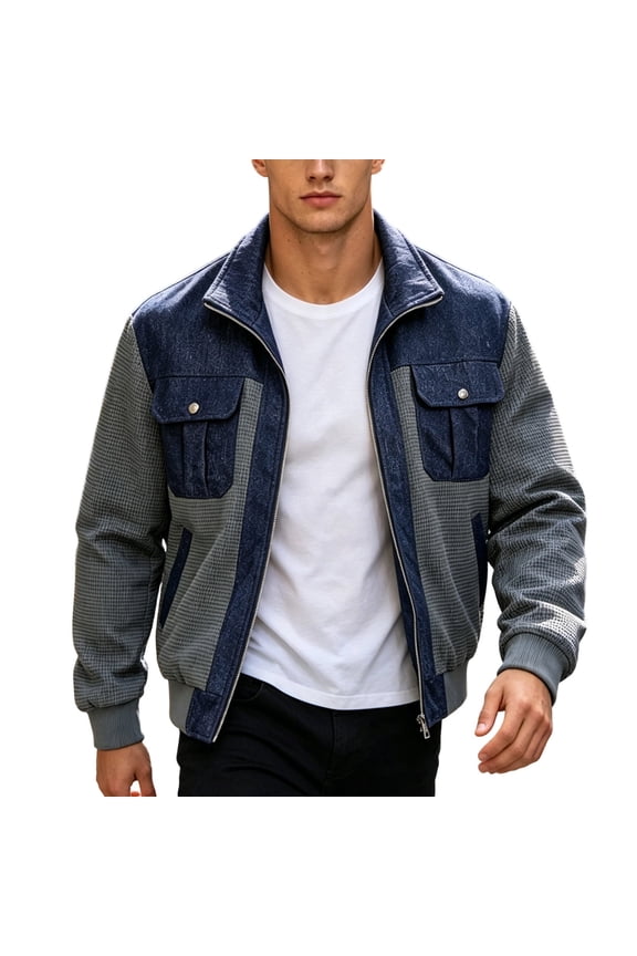 Men's Color Block Patchwork Long Sleeve Coat Zip up Stand Collar Jacket Comfortable Casual Stretch Slim Fit Trucker Jackets Gray L