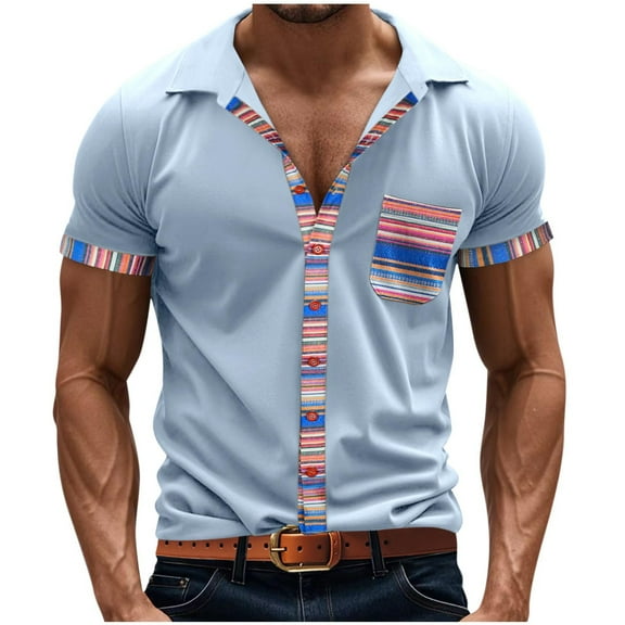 USNSM Men's Color Clash Lapel Button Down Shirt Quick Dry Lightweight Short Sleeve Tops Athletic Workout Casual Shirts Blue L