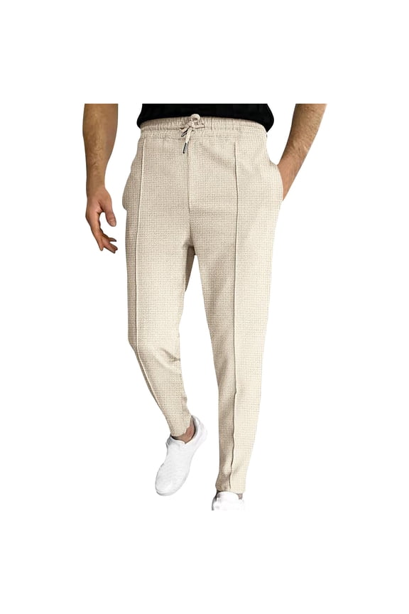 Men's Comfy Golf Drawstring Joggers Pants Lightweight Stretch Work Casual Waffle Joggers Tapered Sweatpants with Pocket Khaki XL