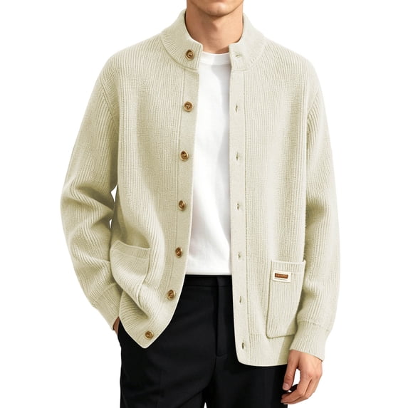 USNSM Men's Commuting Cardigan Button Down Side Pockets Stand Up Collar Thick Knit Sweater Jacket for Casual Fall Wear Beige XXXL