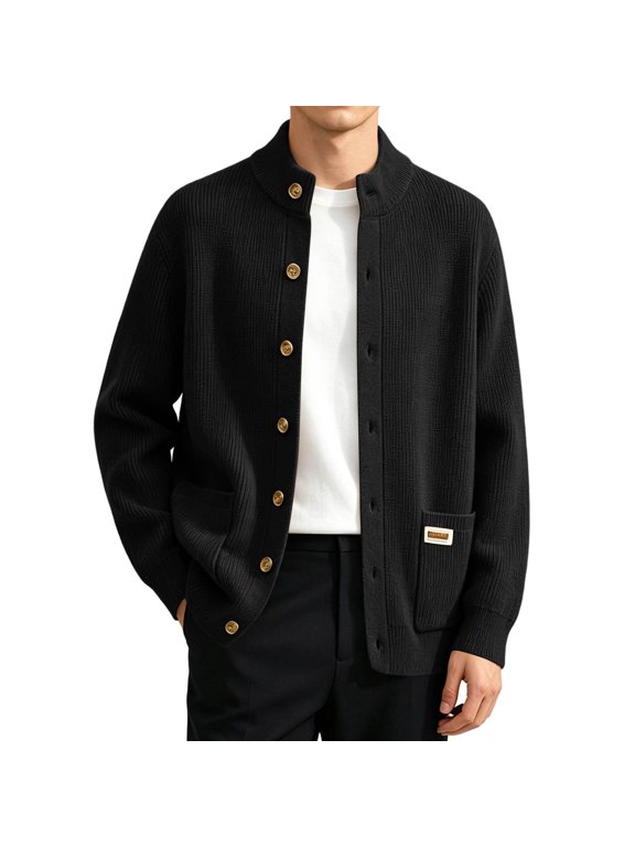 Men's Commuting Cardigan Button Down Side Pockets Stand Up Collar Thick Knit Sweater Jacket for Casual Fall Wear Black XXXL