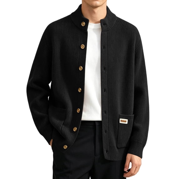 USNSM Men's Commuting Cardigan Button Down Side Pockets Stand Up Collar Thick Knit Sweater Jacket for Casual Fall Wear Black XXXXL