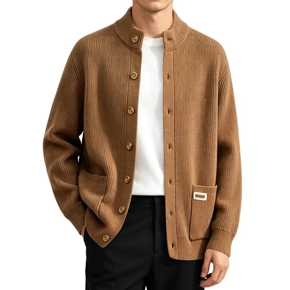 USNSM Men's Commuting Cardigan Button Down Side Pockets Stand Up Collar Thick Knit Sweater Jacket for Casual Fall Wear Brown XXXXL