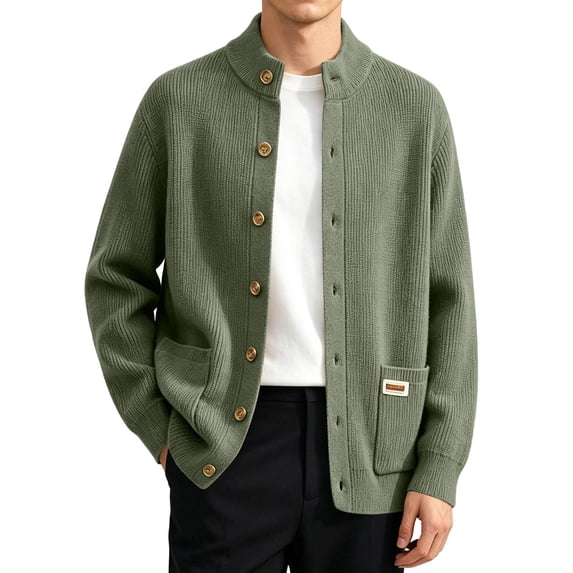 USNSM Men's Commuting Cardigan Button Down Side Pockets Stand Up Collar Thick Knit Sweater Jacket for Casual Fall Wear Green M