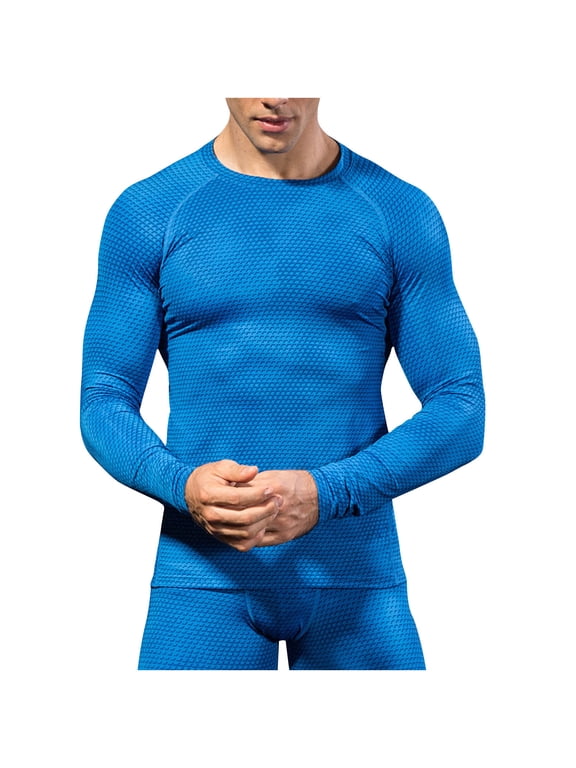 Men's Compression Shirt Casual Fitness Lightweight Breathable Muscle Fit Raglan T-Shirt Round Neck Long Sleeve Pullover Tops Blue M