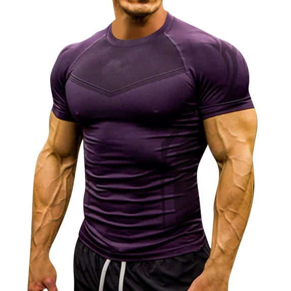 USNSM Men's Compression Shirt Short Sleeve Workout Gym Top Cool Dry Athletic Base Layer Undershirt T-Shirt for Sport Gym Running Purple XXL