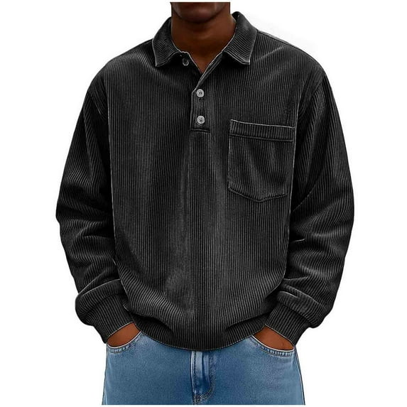 USNSM Men's Corduroy Sweatshirt, Vintage Casual Long Sleeve Sweatshirts Fall Winter Ribbed Warm Pullover Tops with Pocket Black XXL