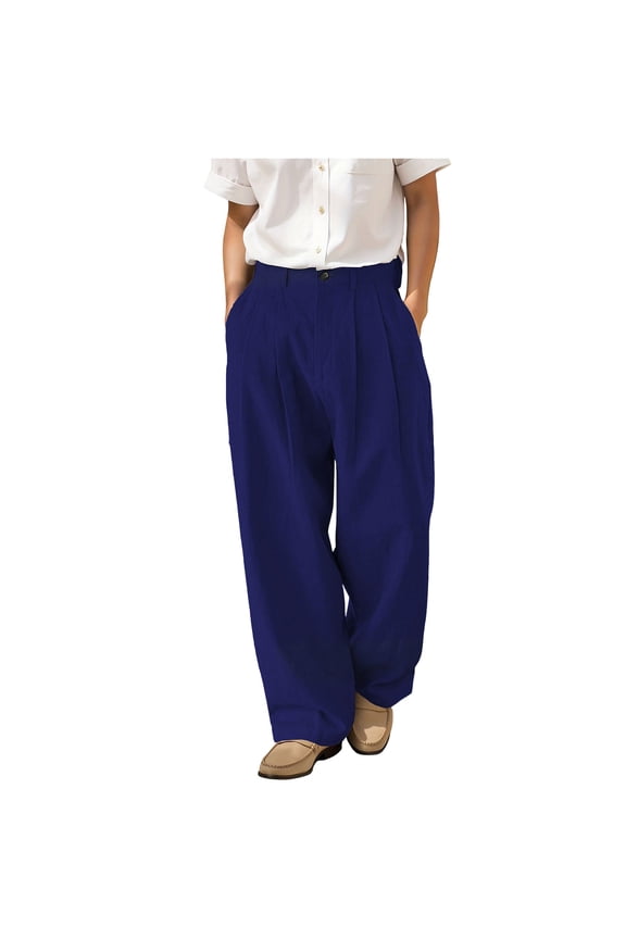 Men's Cotton Linen Dressy Pant Plain Button Down Trendy Jogger Wide Straight Leg Beach Trouser Fashion Lightweight Pants Blue XXL