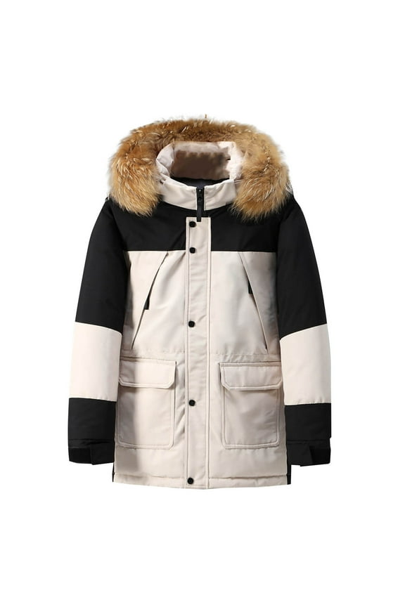 Men's Cotton Padded Jacket Winter Casual Plus Size Color Block Fuzzy-Hood Warm Parka Button Zipper Cardigan Long Sleeve Overcoat with Pockets Beige XL