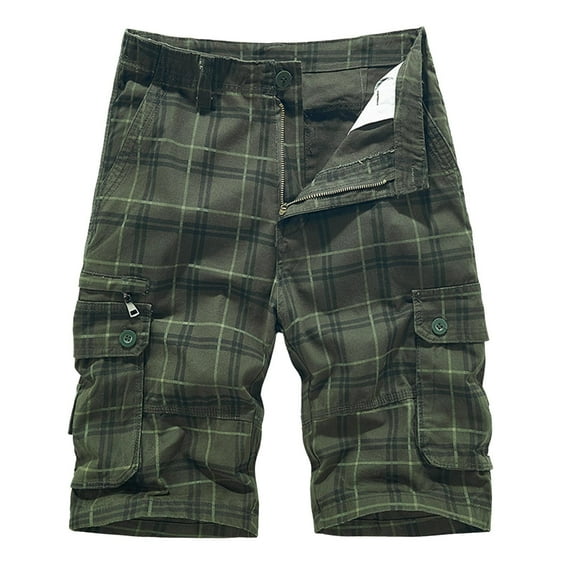 USNSM Men's Cotton Plaid Cargo Shorts Plus Size Elastic Waist Relaxed Fit Multi-Pockets Casual Comfy Breathable Outdoor Lightweight Work Shorts Army Green M