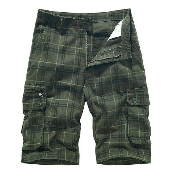USNSM Men's Cotton Plaid Cargo Shorts Plus Size Elastic Waist Relaxed Fit Multi-Pockets Casual Comfy Breathable Outdoor Lightweight Work Shorts Army Green L