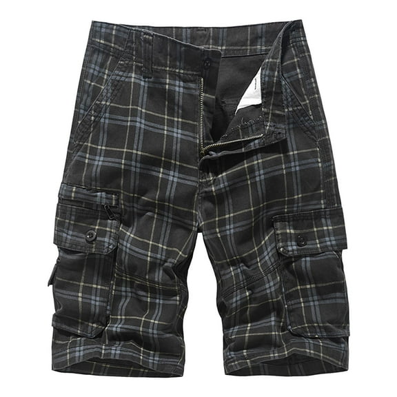 USNSM Men's Cotton Plaid Cargo Shorts Plus Size Elastic Waist Relaxed Fit Multi-Pockets Casual Comfy Breathable Outdoor Lightweight Work Shorts Black XXXL