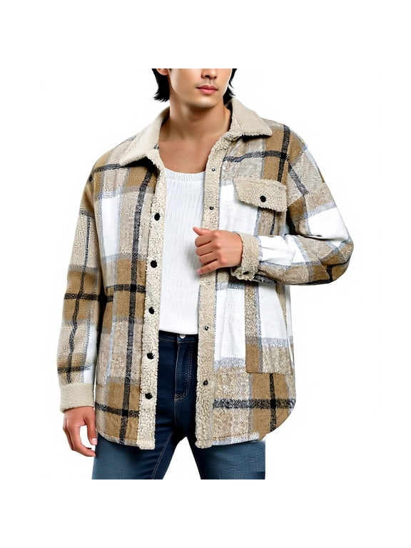 Men's Cotton Sherpa Lined Button Down Flannel Jacket Plaid Shirts Soft Outdoor Pockets Long Sleeve Outwear Coat Beige M
