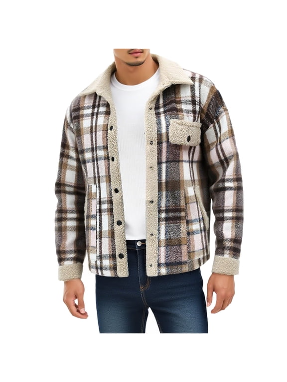 Men's Cotton Sherpa Lined Button Down Flannel Jacket Plaid Shirts Soft Outdoor Pockets Long Sleeve Outwear Coat Beige S