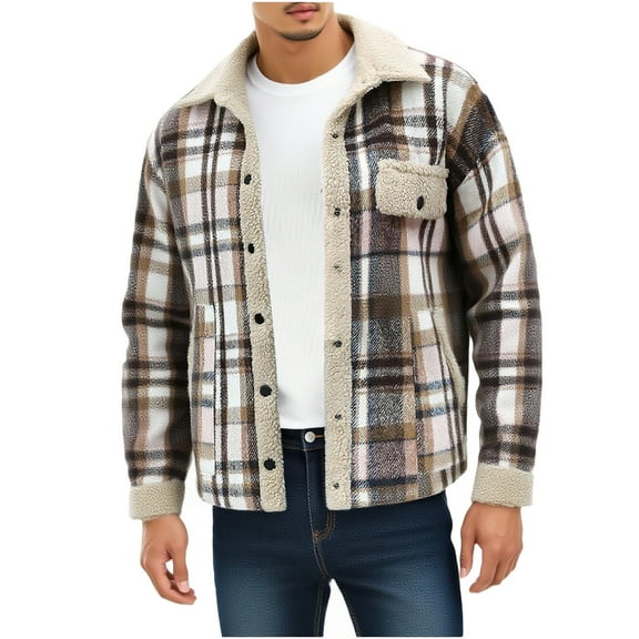 USNSM Men's Cotton Sherpa Lined Button Down Flannel Jacket Plaid Shirts Soft Outdoor Pockets Long Sleeve Outwear Coat Beige XXL