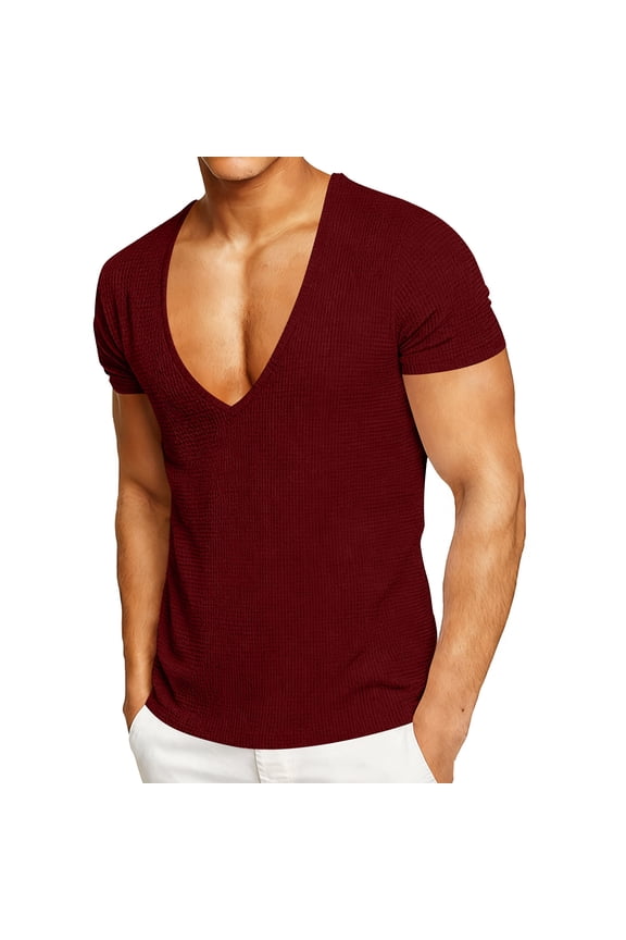 Men's Deep V Neck Waffle T Shirt Slim Fit Stretch Muscle Gym Tee Shirts Workout Casaul Short Sleeve Low Cut Tops Red L