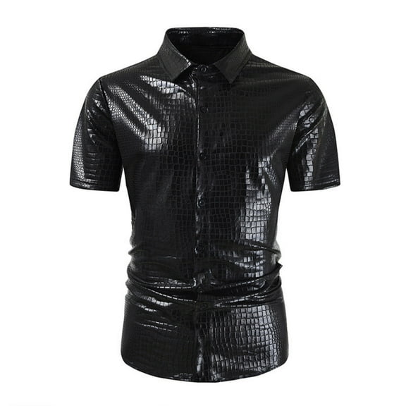 USNSM Men's Disco Nightclub Sequins Short Sleeve Button Down Shirts 70s Party Dress Shirts Trendy Performance Clothes Black XXL