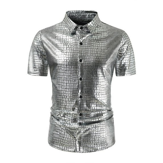 USNSM Men's Disco Nightclub Sequins Short Sleeve Button Down Shirts 70s Party Dress Shirts Trendy Performance Clothes Silver XL