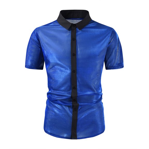 USNSM Men's Disco Shirt Sequins Short Sleeve Button Down Shirts 70s Party Dress Shirts Trendy Performance Clothes Blue L