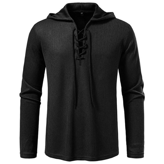 USNSM Men's Distressed Lace Up Hooded Shirts Vintage Design Long Sleeve Hoodie Pullover Drawstring Casual Shirts Top Black L